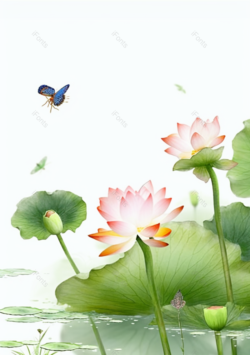 绿色中国风优美池塘荷叶荷花胡蝶插画,插画/手绘图,插画/手绘图库,插画/手绘图下载,插画/手绘